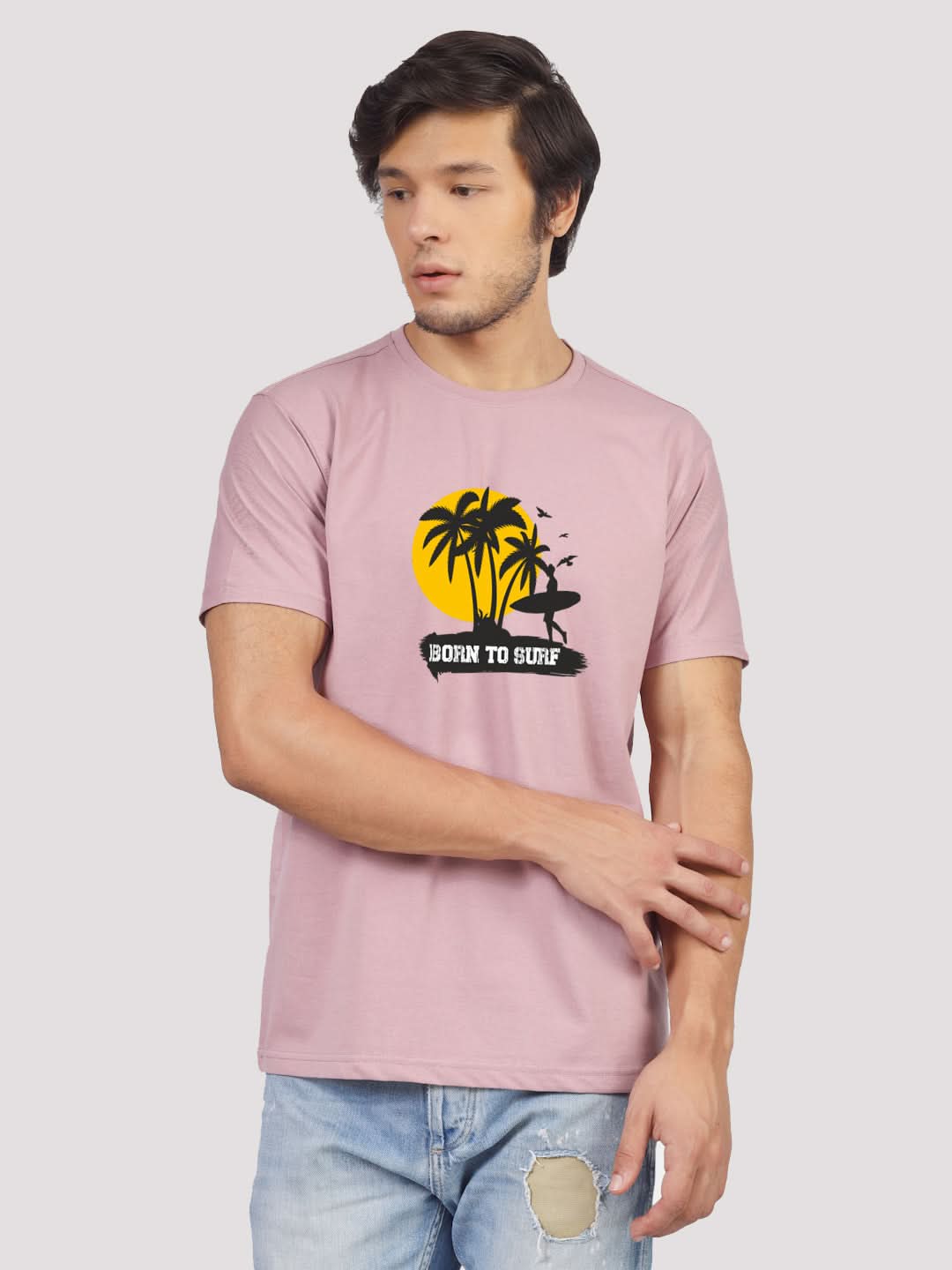 Purple Yorksteadd men's tee with bold 'Ride the Waves Born to Surf' design