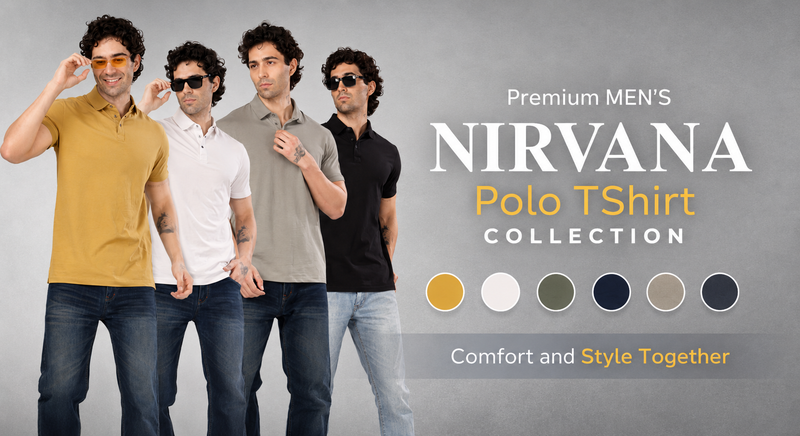 Nirvana premium men’s polo T-shirt collection featuring four male models in yellow, white, grey and black polo shirts.
