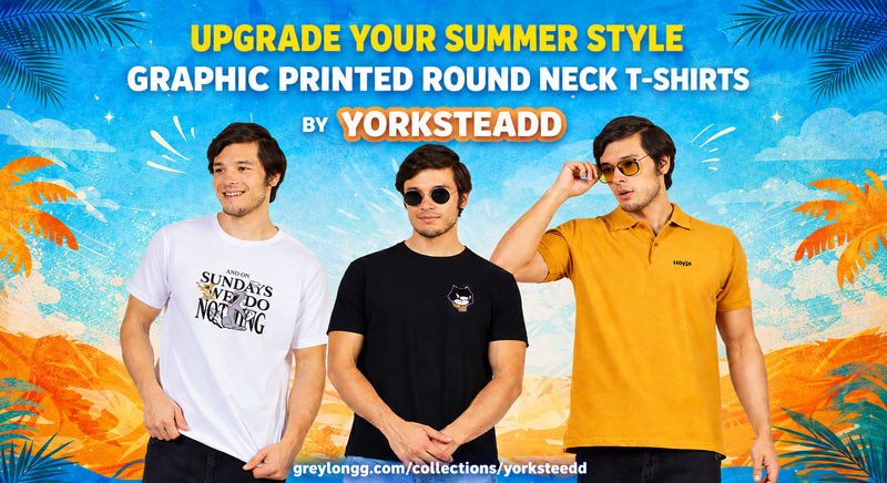 Yorksteadd summer graphic printed round neck T-shirts banner featuring three men in stylish casual T-shirts