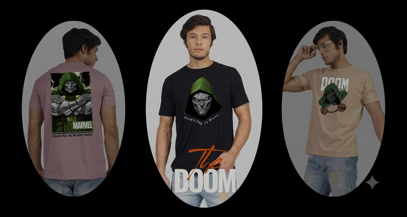 The DOOM Marvel graphic t-shirt collection banner featuring custom printed Doctor Doom apparel on three male models against a black backdrop.