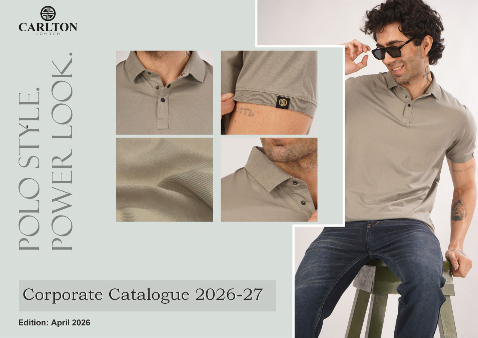Greylongg Carlton London men's premium beige polo T-shirt corporate catalogue cover featuring a model with close-up views of the collar, sleeve logo, fabric texture, and modern fit.