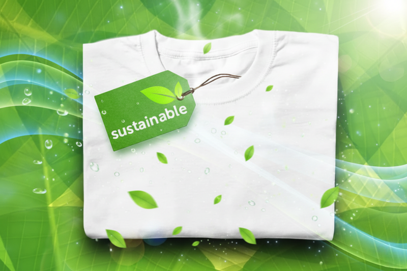 A folded white T-shirt with a green hangtag reading 'sustainable' and leaf graphics, centered on a bright green abstract background with floating leaves and water droplets.