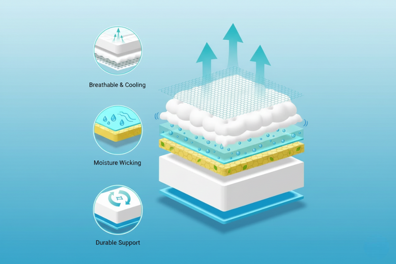 An explanatory graphic showing a layered cooling mattress or cushion with three callout circles labeled Breathable & Cooling, Moisture Wicking, and Durable Support, plus upward airflow arrows, on a light blue gradient background.