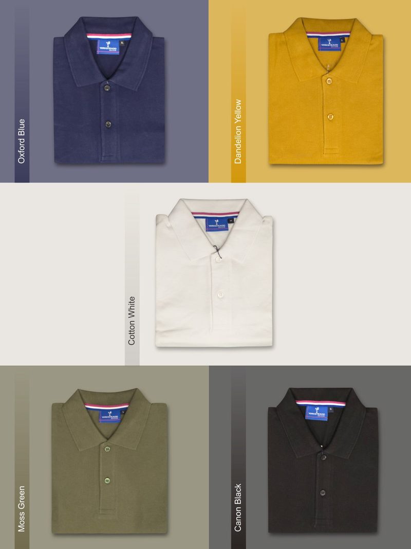 Five folded polo T-shirts in navy, mustard, white, olive and black