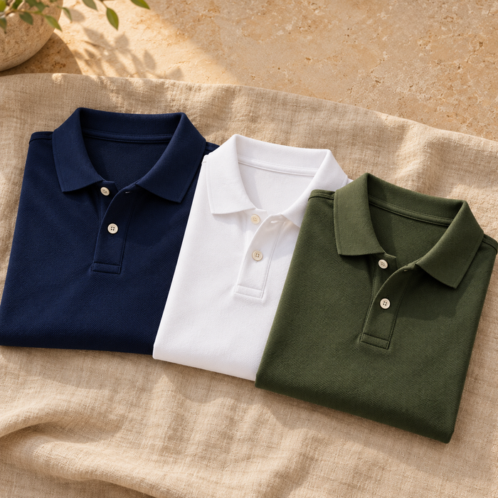 Three folded polo T-shirts in navy, white and moss green on linen