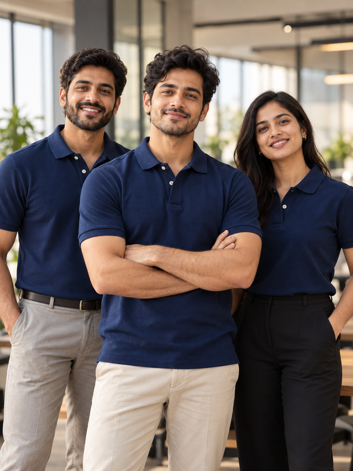 Three colleagues in matching navy polo T-shirts in a bright office