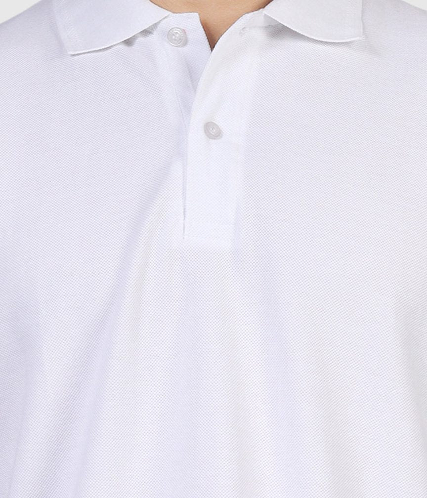 Close-up of a white bamboo yarn polo collar and placket