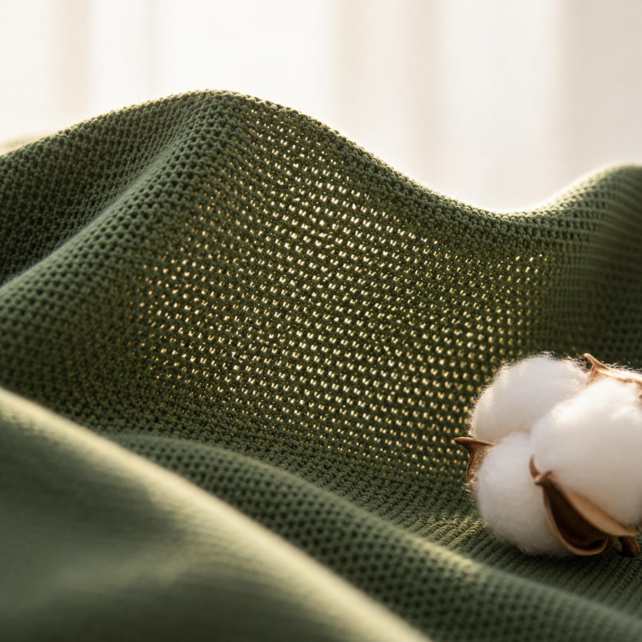 Close-up of moss green pique knit fabric backlit by daylight, with a cotton boll resting on it