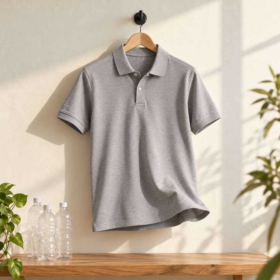 Light grey pique polo T-shirt on a wooden hanger beside empty plastic bottles