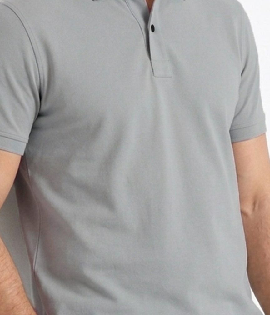 Close-up of a grey recycled yarn honeycomb knit polo