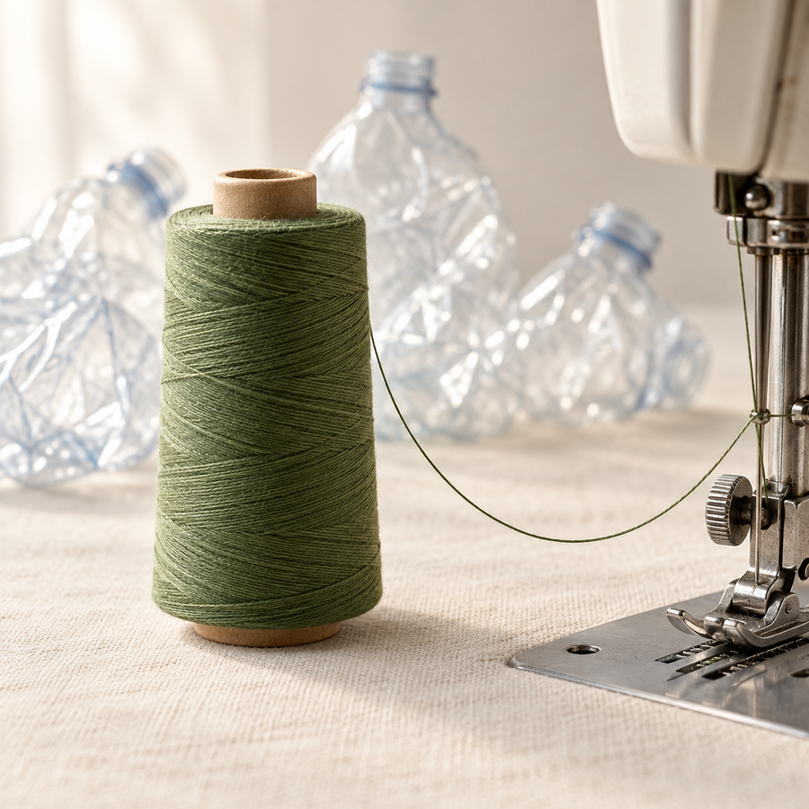 Spool of moss green recycled polyester thread feeding a sewing machine, with crushed plastic bottles behind it