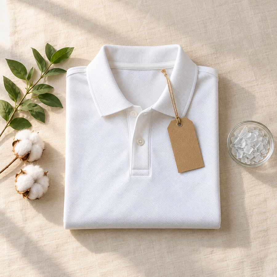 Folded white pique polo T-shirt with a blank kraft tag, green leaves, cotton bolls and recycled plastic flakes
