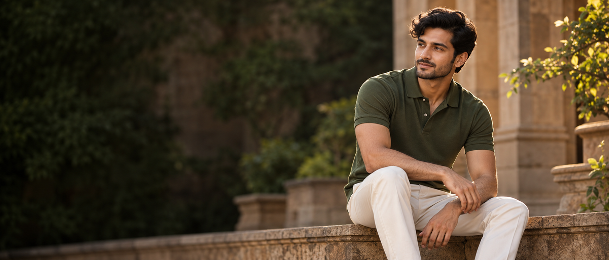 Man in a moss green polo T-shirt seated on a stone wall in a courtyard garden at golden hour