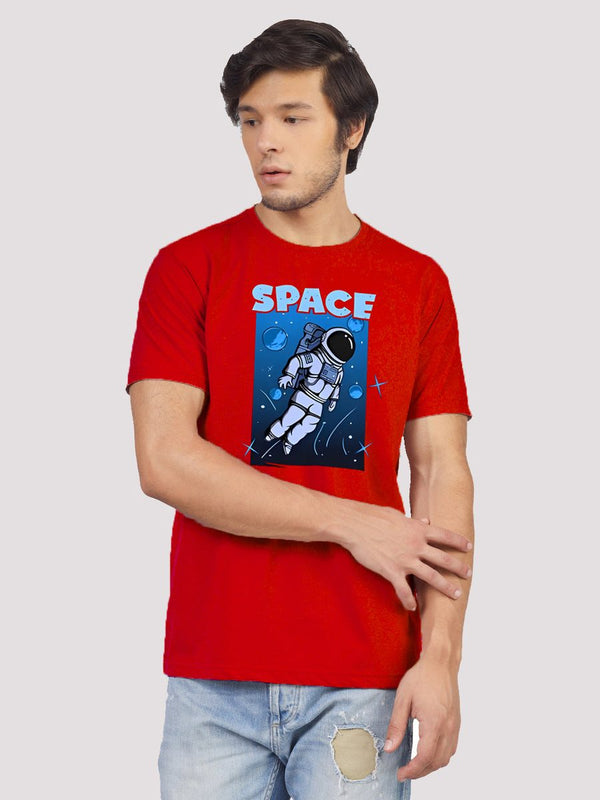 Man in a red T-shirt with an astronaut print