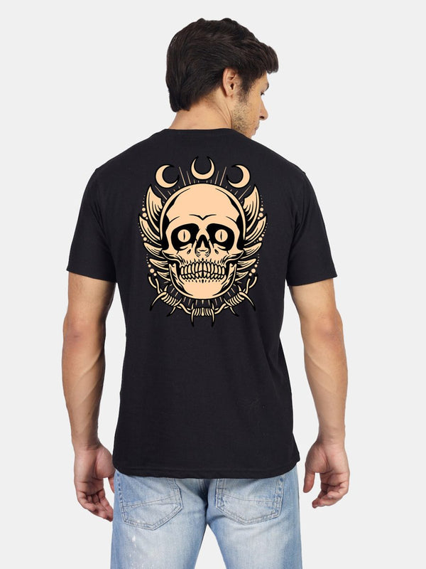 Back of a black T-shirt with a large skull and crescent moon print