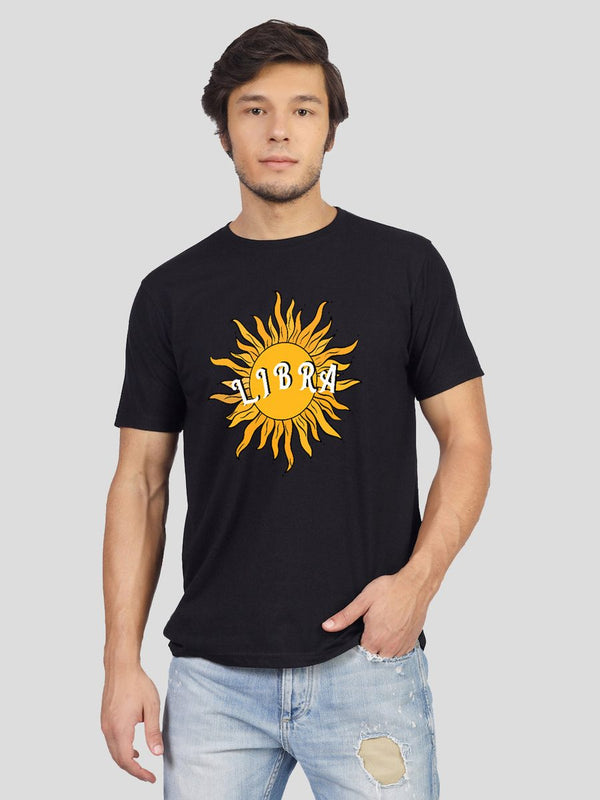 Man in a black T-shirt with a Libra zodiac print