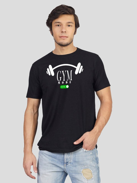 Man in a black gym print T-shirt